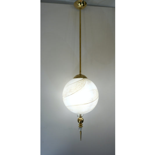 Contemporary Italian Brass and Cream White Alabaster Glass Round Pendant Light