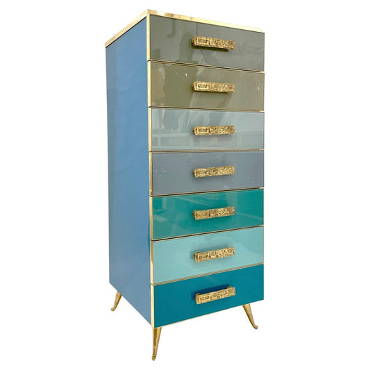 Bespoke Italian Art Deco Design Blue Taupe Gray Glass 7-Drawer Dresser Semainier