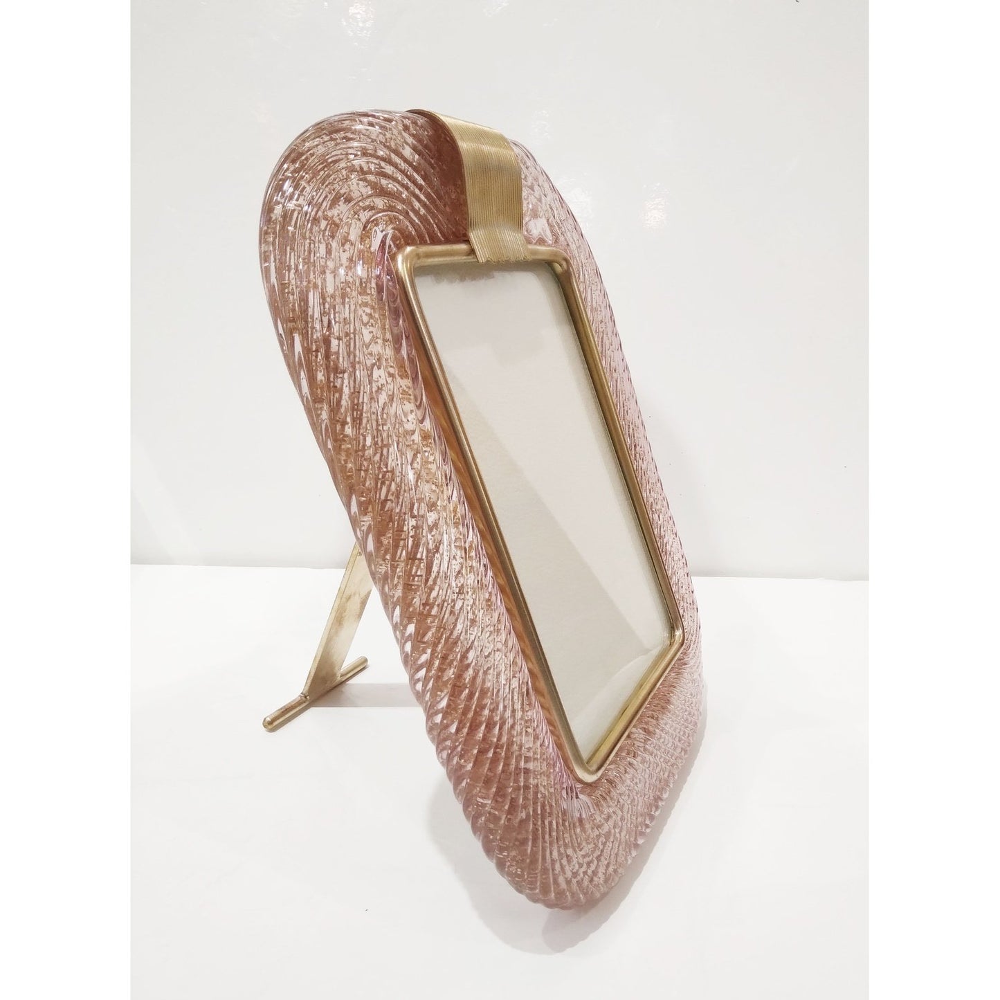 2000s Barovier Toso Italian Pink Gold Twisted Murano Glass Brass Picture Frame