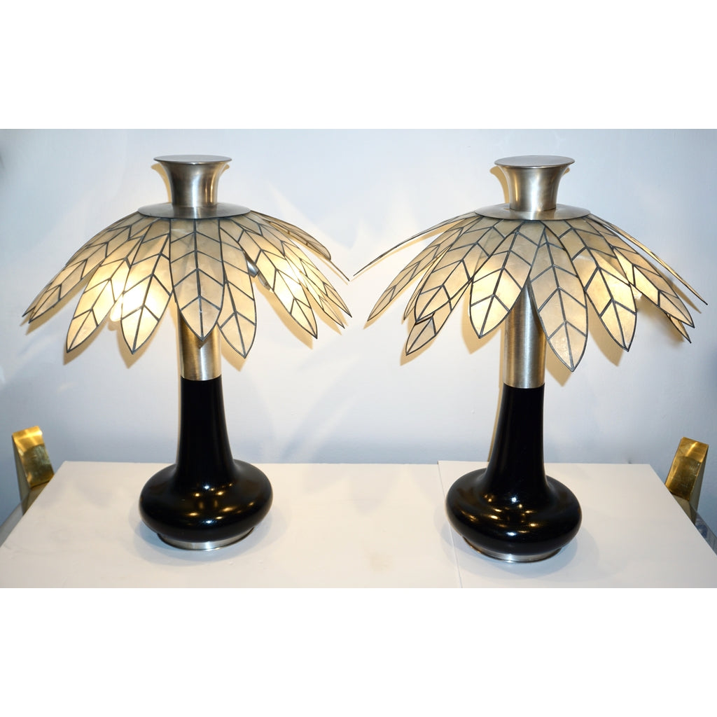 1975 Banci Italian Art Deco Pair of Mother of Pearl & Black Ebonized Palm Lamps