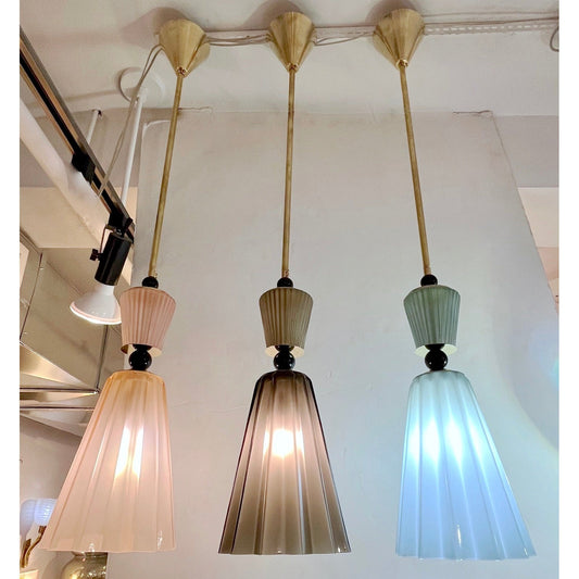 Italian Modern Set of 3 Smoked Gray, Pink, Aqua Blue Murano Glass Star Pendants