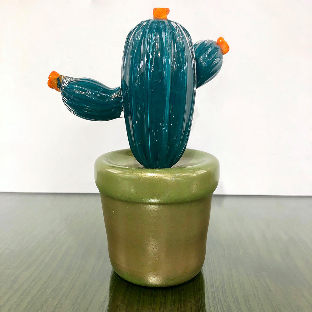2000s Italian Teal Green Gold Murano Art Glass Cactus Plant with Orange Flowers