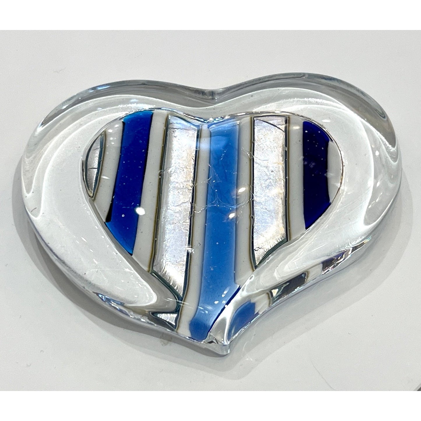 Bespoke Italian Crystal Cobalt Blue Silver Murano Glass Heart Shaped Paperweight