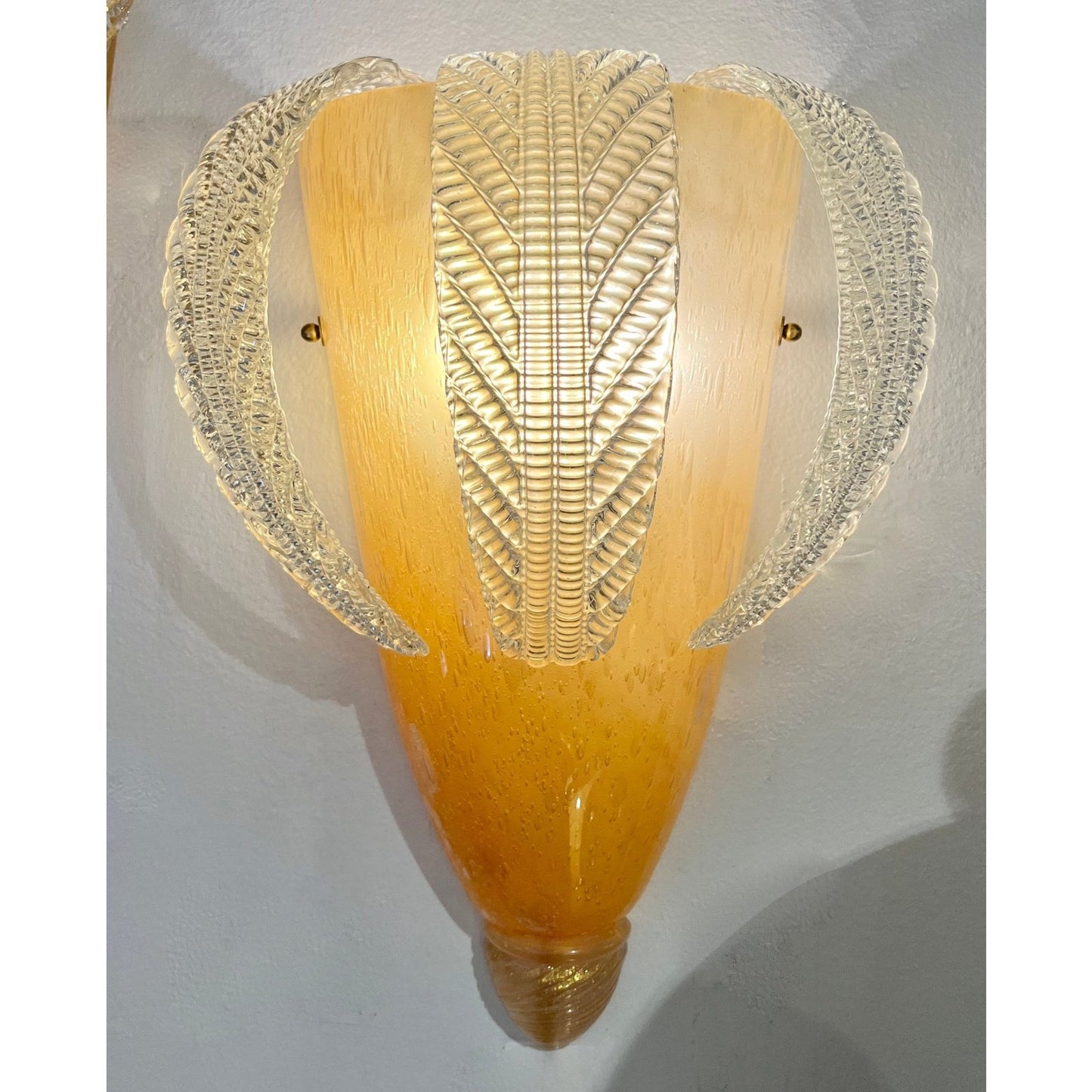 Italian Vintage Pair of Sconces in Amber Gold Glass with Hanging Crystal Leaves