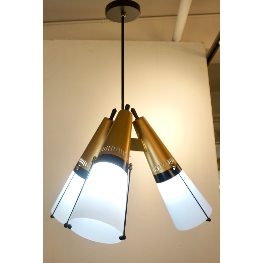 Torlasco 1950s Italian Vintage Brass Black White Three-Light Cone Chandelier