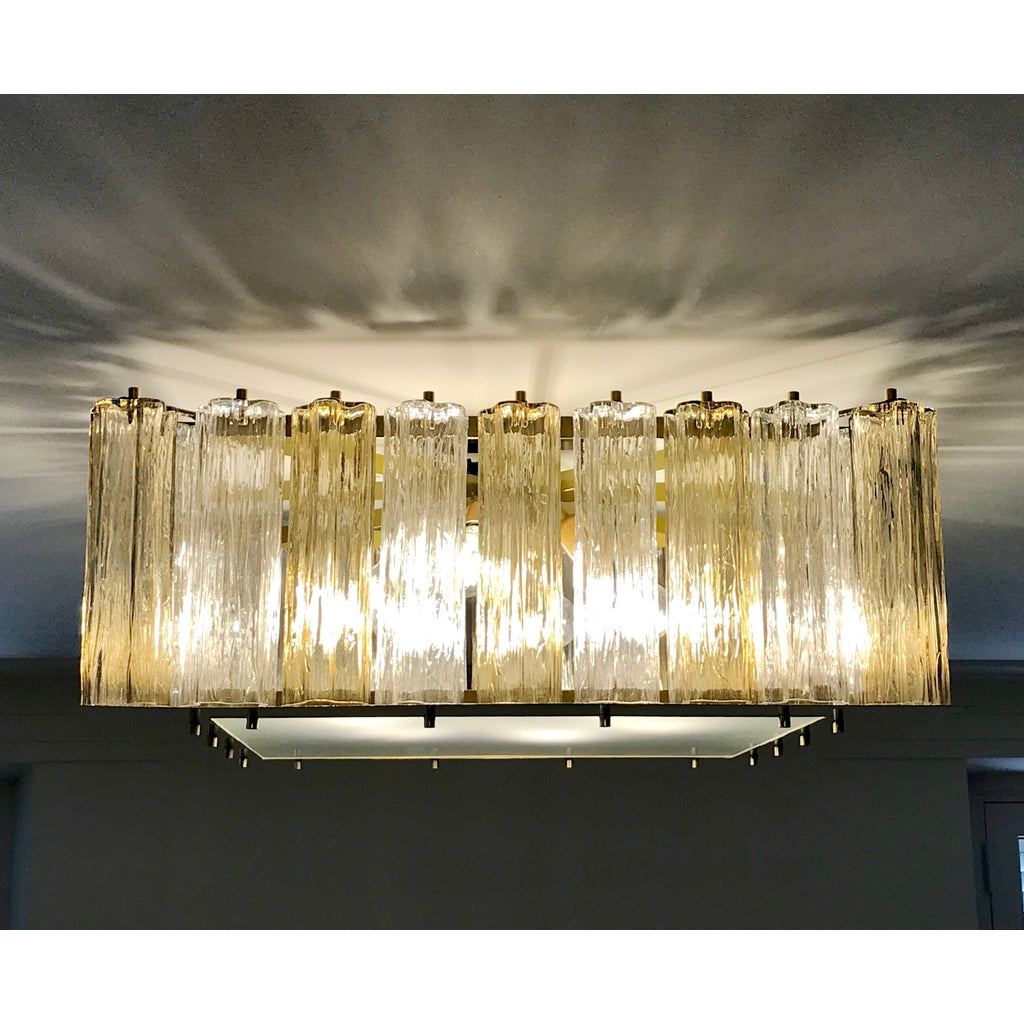 Contemporary Square Italian Crystal Amber Murano Glass Flush Chandelier/Pendant