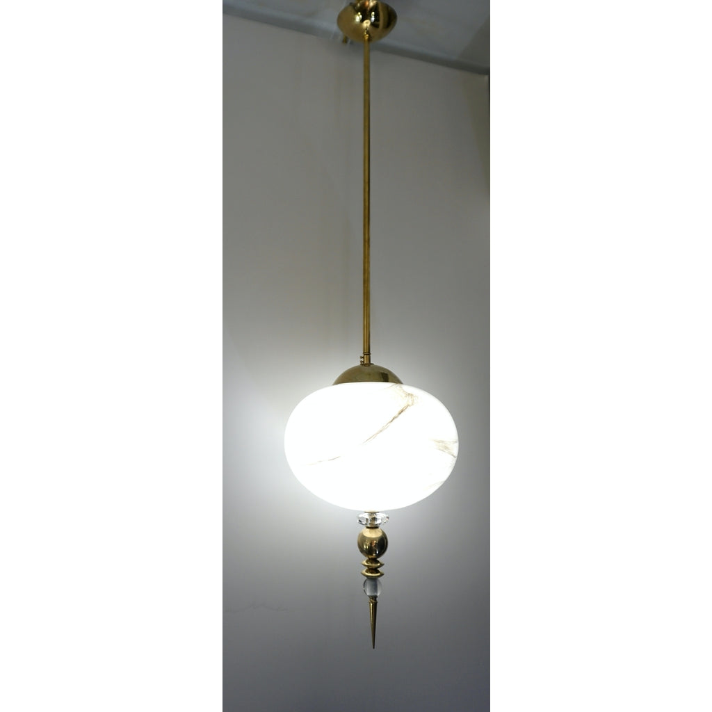 Bespoke Italian Brass and Cream White Alabaster Murano Glass Oval Pendant Light