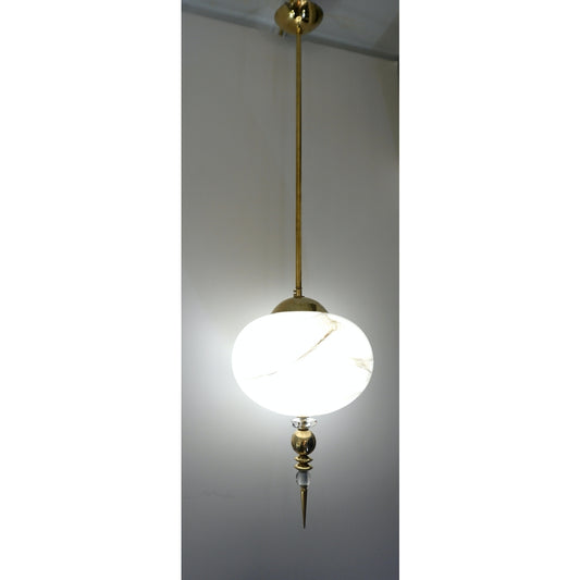 Bespoke Italian Brass and Cream White Alabaster Murano Glass Oval Pendant Light