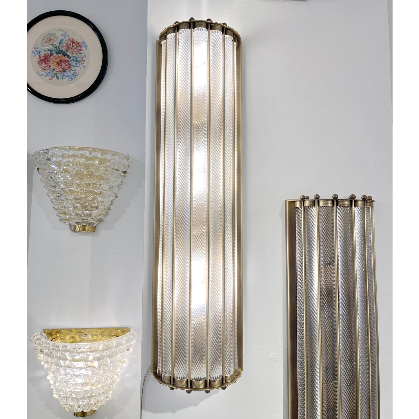 Italian Art Deco Style Crystal Murano Glass Half Moon Tall Bronze Flush/Sconces