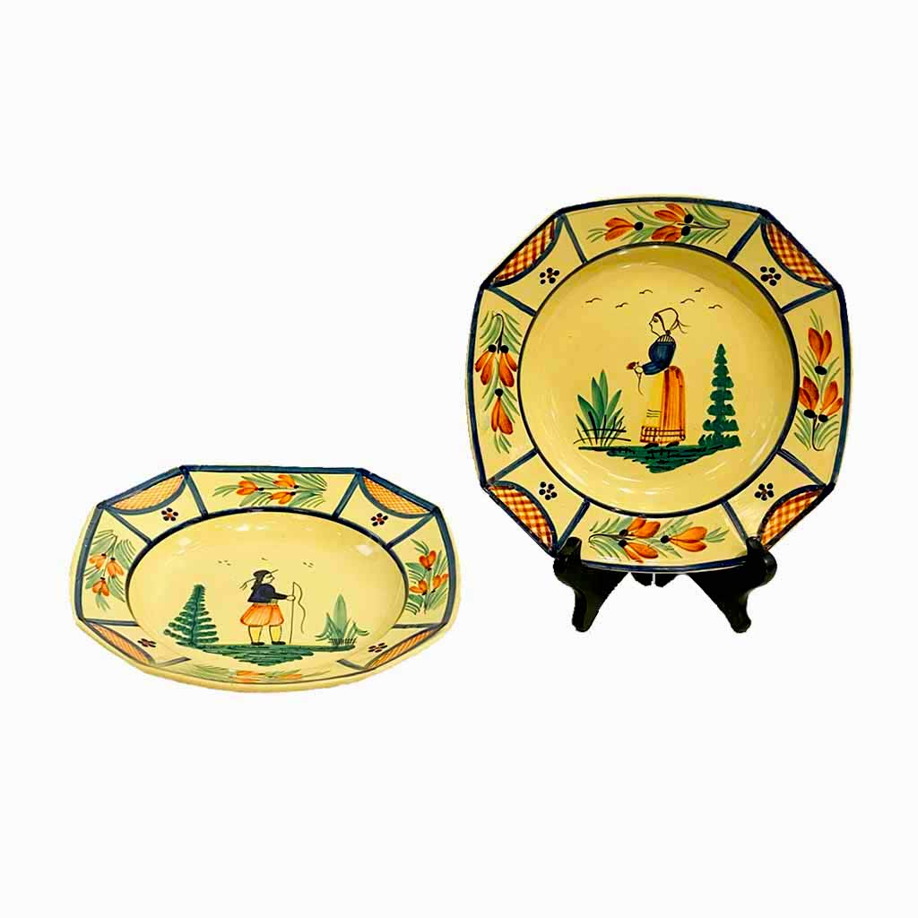 1930s French Henriot Quimper Faience Pair of Man Woman Octagonal Yellow Plates