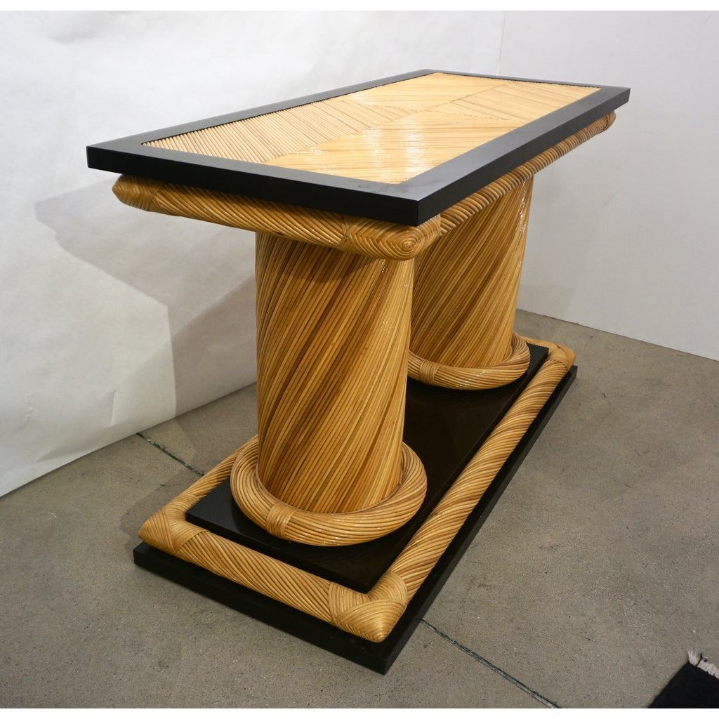 1970s Howard Dilday Organic Rattan Console Table with Black Lacquer Border