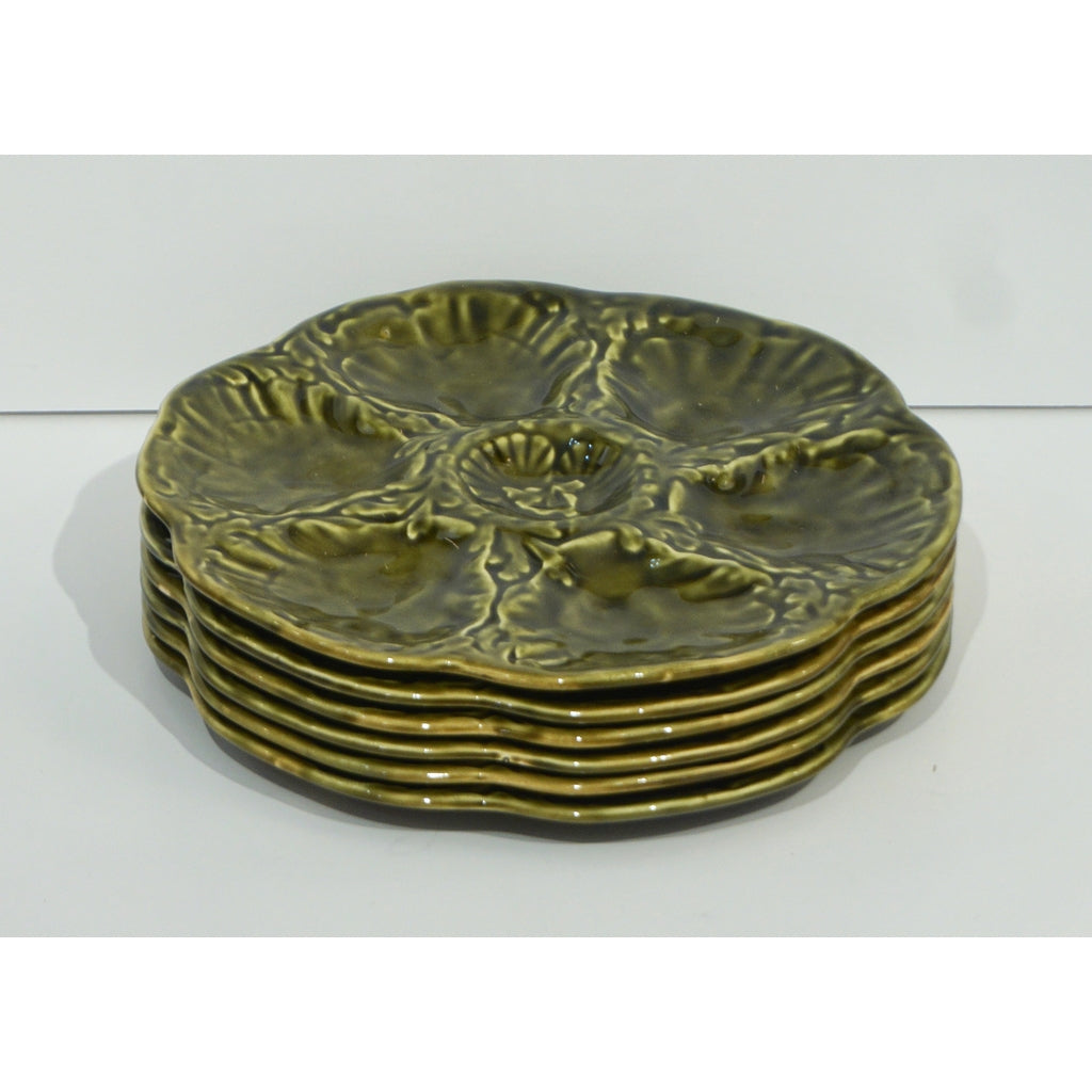 Gien 1950s French Set of 6 Green Majolica Oyster plates in Original Wood Box