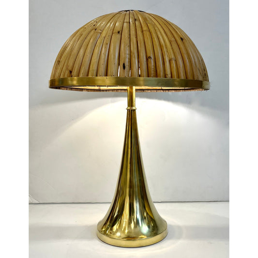 Italian Organic Modern Contemporary Pair Tall Brass & Rattan Sleek Table Lamps