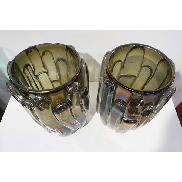 Cenedese Italian Modern Pair of Iridescent Black Smoked Murano Glass Vases