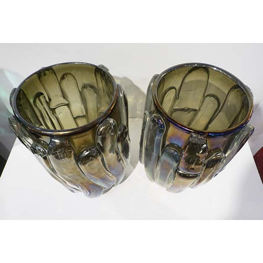 Cenedese Italian Modern Pair of Iridescent Black Smoked Murano Glass Vases
