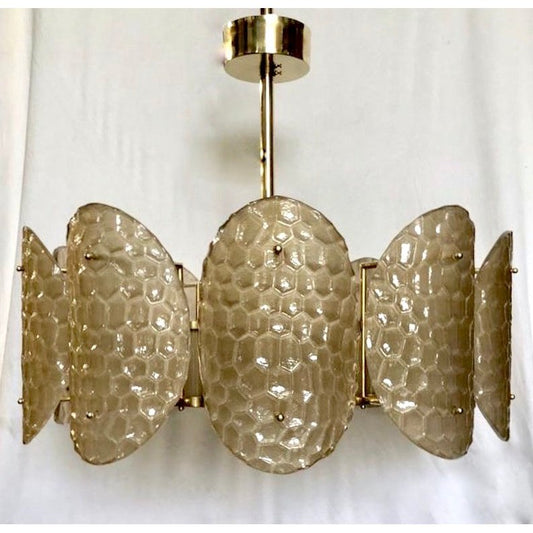 Bespoke Italian Crystal Smoked Beige Murano Glass Brass Chandelier / Flushmount