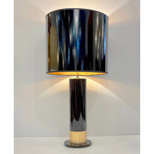 Spanish Art Deco Design Pair of Black Brown Veneer & Gold Leaf Cylindrical Lamps