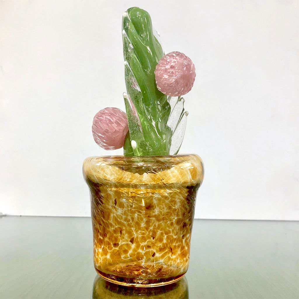 2000s Italian Green Murano Art Glass Cactus Plant with Pink Flowers in Amber Pot