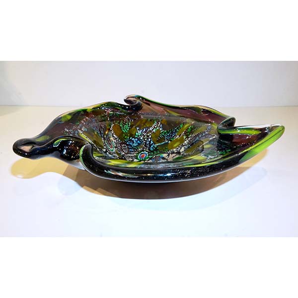 1950 Antique Italian Silver Leaf Purple Green Blue Murano Glass Catch-All/ Bowl