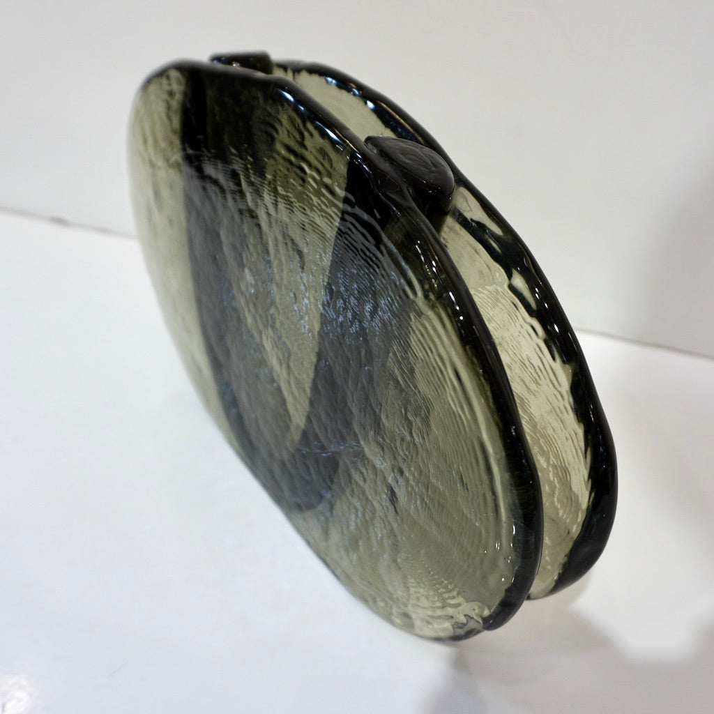 1970s Vintage Abstract Italian Smoked Green & Black Murano Glass Oval Flower Vase