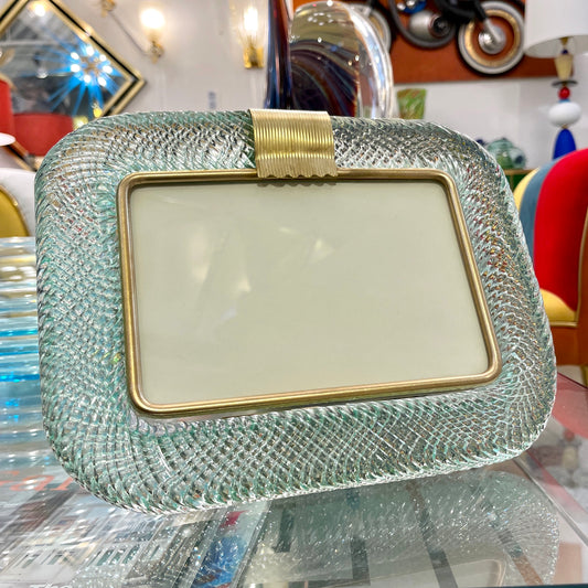 2000s Italian Vintage Aquamarine Blue Twisted Murano Glass & Brass Picture Frame