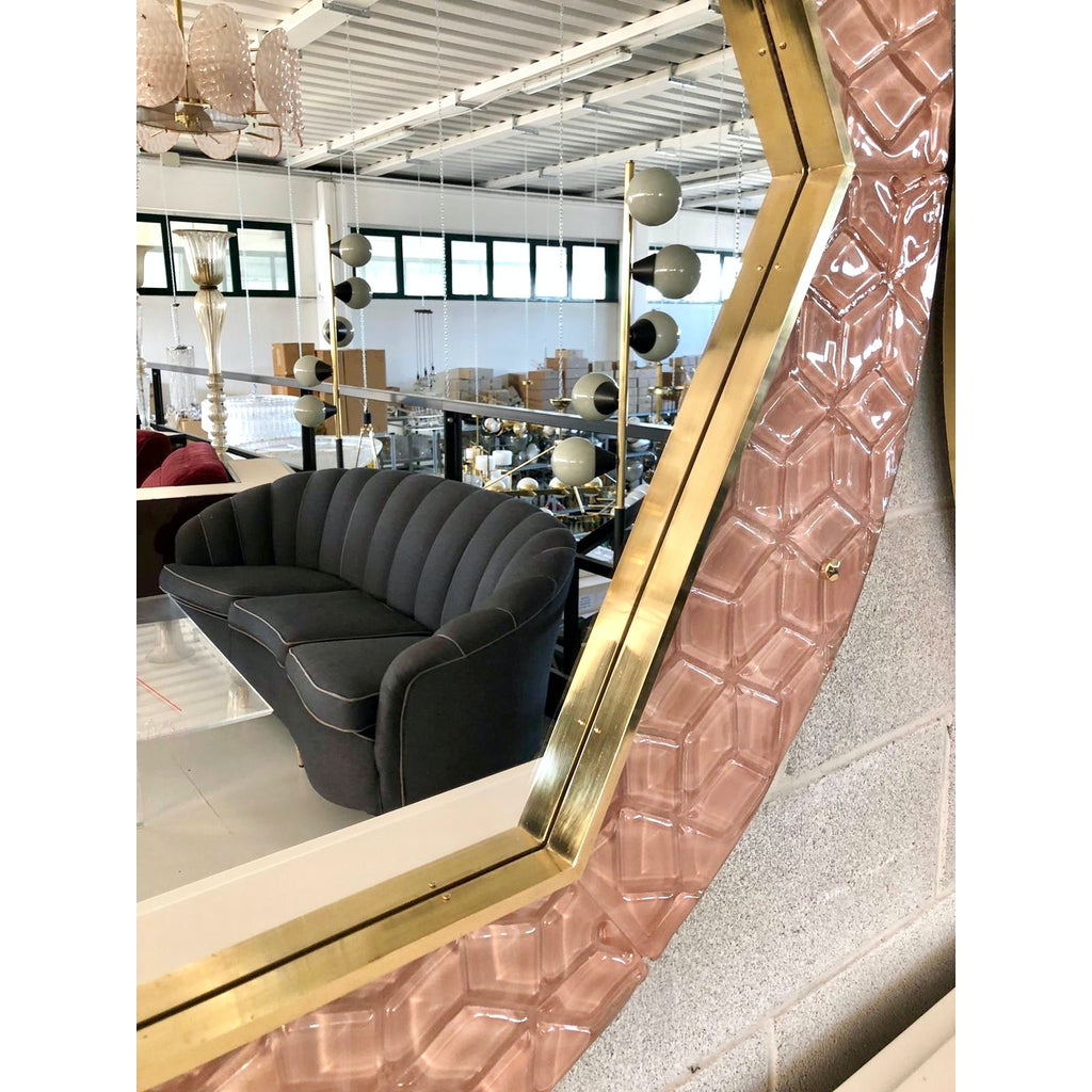 Bespoke Italian Custom Brass and Embossed Pink Murano Glass Modern Round Mirror