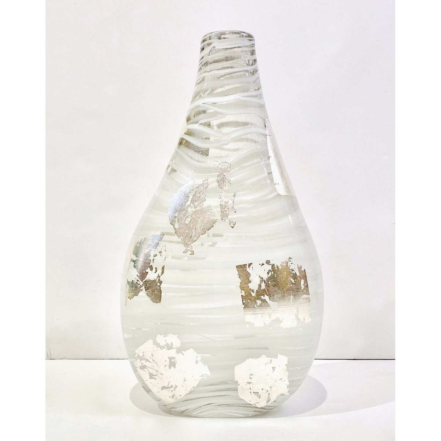 Italian Art Deco Style Silver Leaf White Clear Murano Glass Sculpture Vase