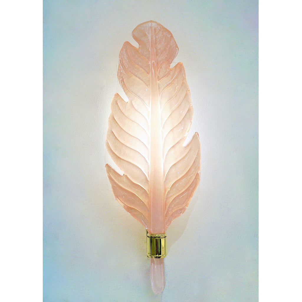 Contemporary Italian Art Deco Pink Murano Glass & Brass Feather Leaf Sconces