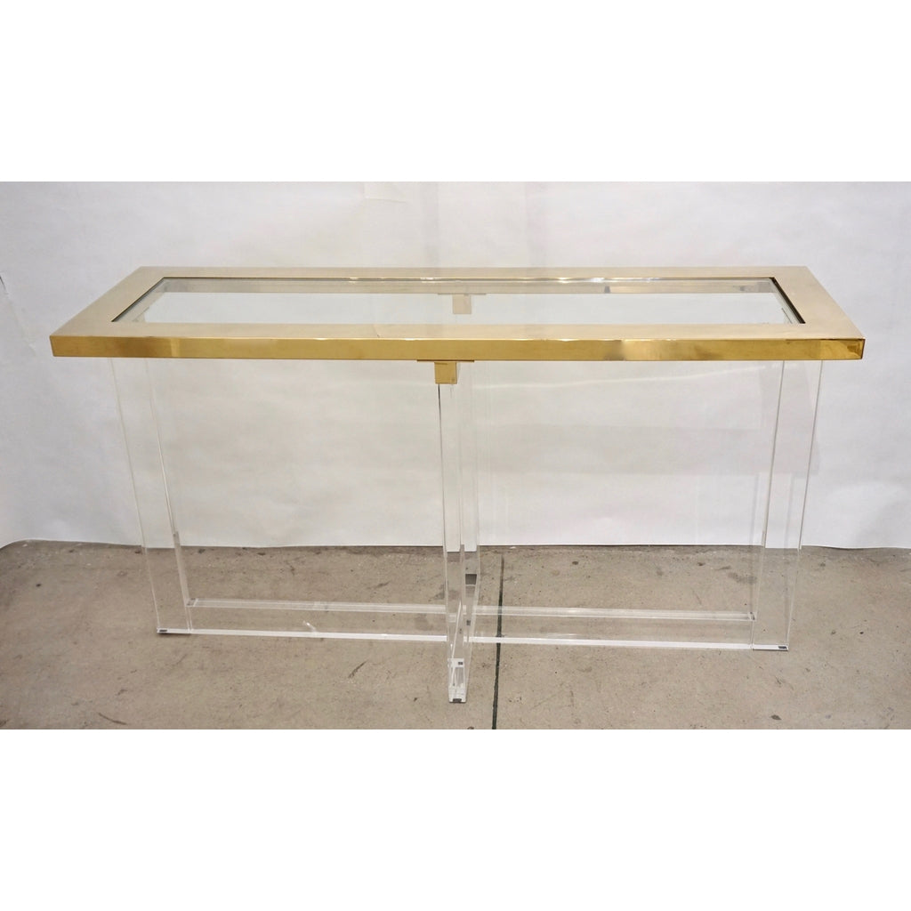 Contemporary Bespoke Modern Geometric Design Clear Lucite and Gold Steel Console