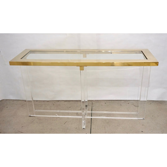Contemporary Bespoke Modern Geometric Design Clear Lucite and Gold Steel Console