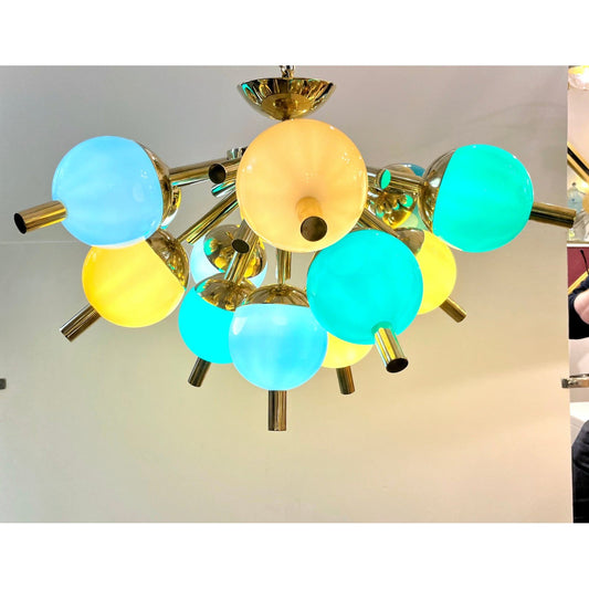 Custom Italian Green Turquoise Gold Murano Glass Brass Sputnik Globe Flush Mount
