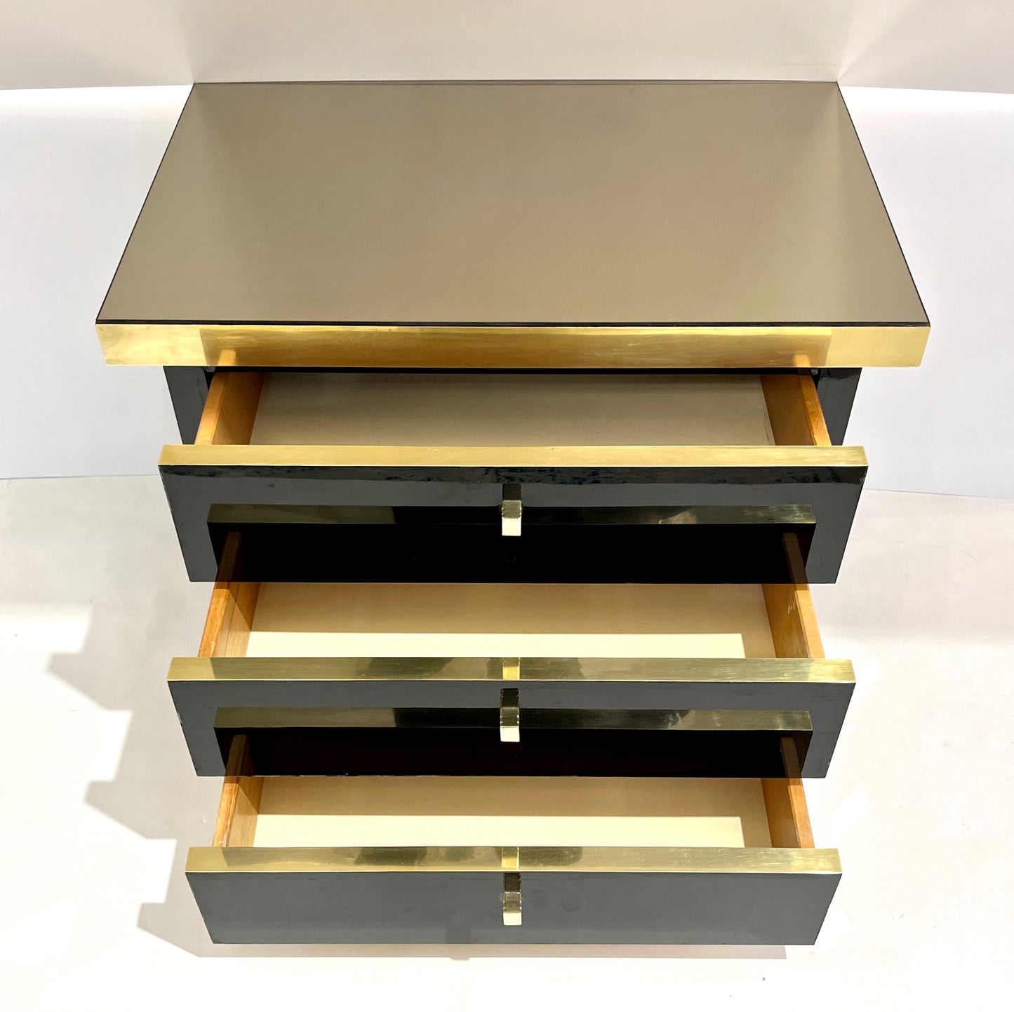 1970 Italian Vintage Brass Black Lacquer 3-Drawer Pair of NightStands/Sidetables