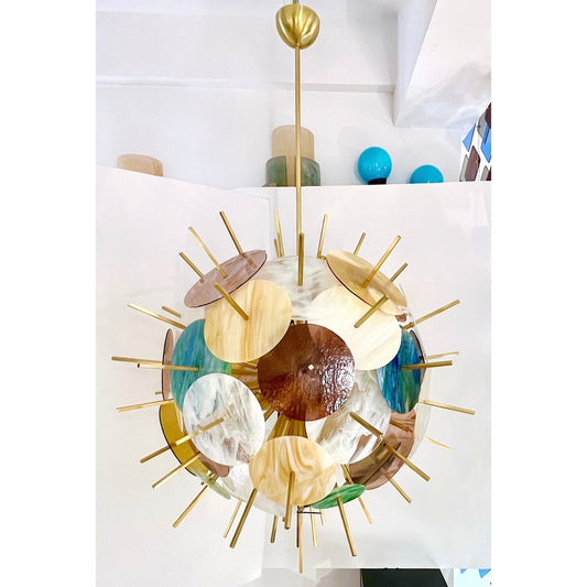 Italian Contemporary Brass & Pastel Murano Glass Sputnik Round Sphere Chandelier