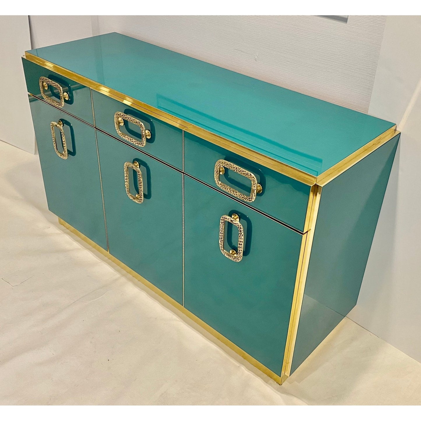 Bespoke Italian Art Design Brass Metallic Emerald Blue Glass Dresser Sideboard