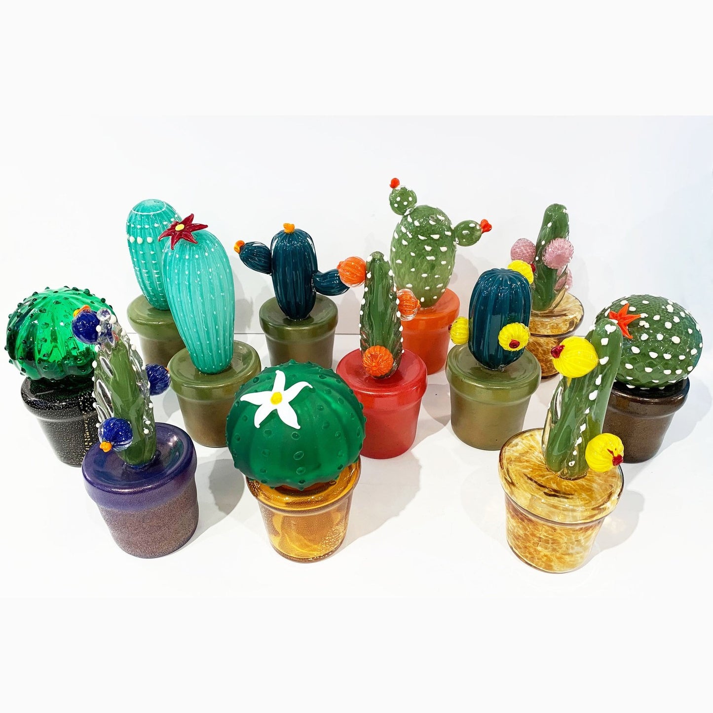 2000s Italian Green Gold Murano Art Glass Cactus Plant with Red Yellow Flower