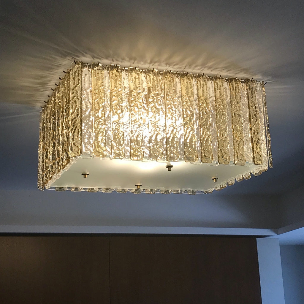 Bespoke Art Deco Style Italian Aquamarine Crystal Murano Glass Flush Chandelier