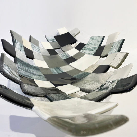 Modern Italian Art Deco Design Green Black White Smoked Art Glass Mosaic Bowl