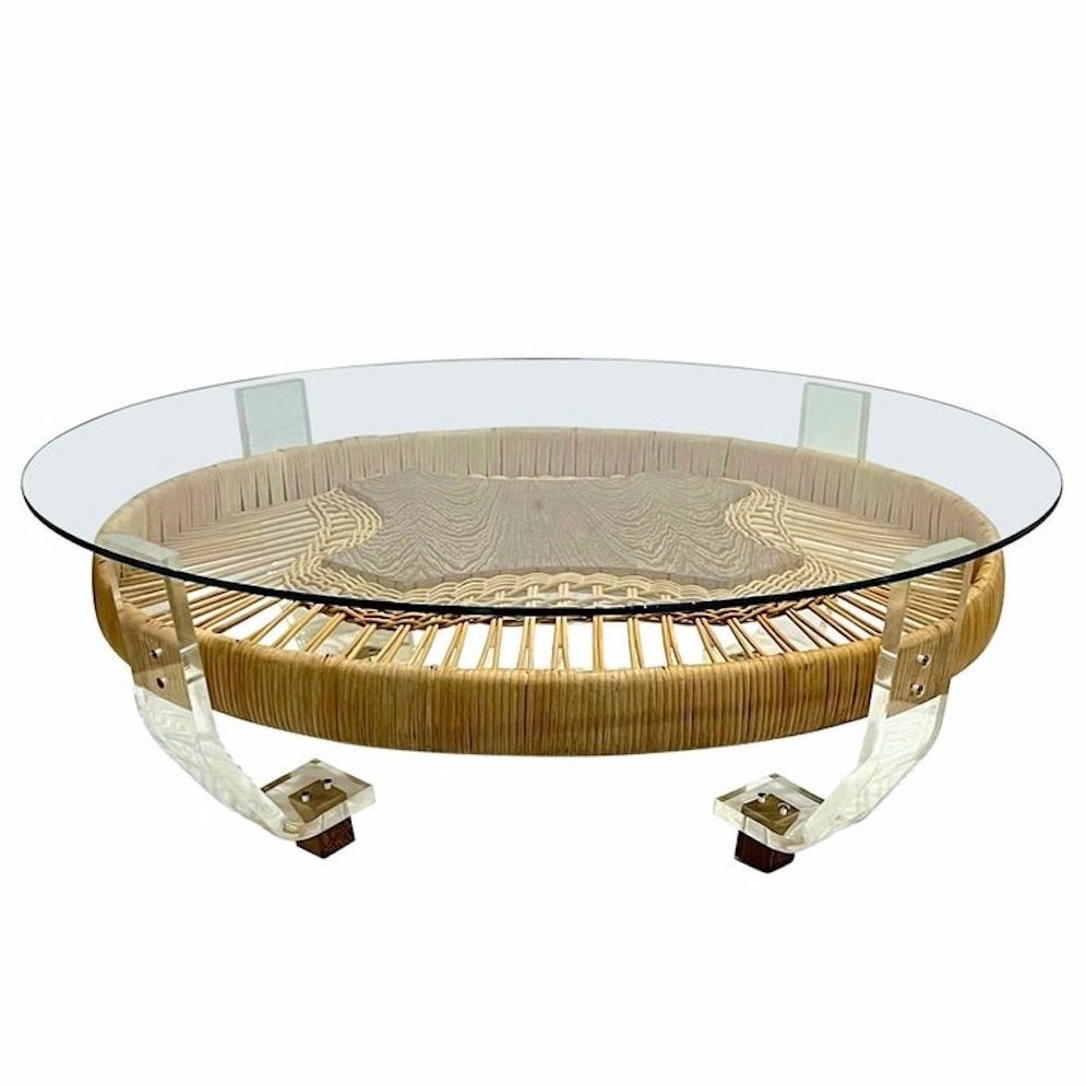 French Vintage 2-Tier Jacaranda Wood Weaved Rattan Sofa Table with Lucite Feet
