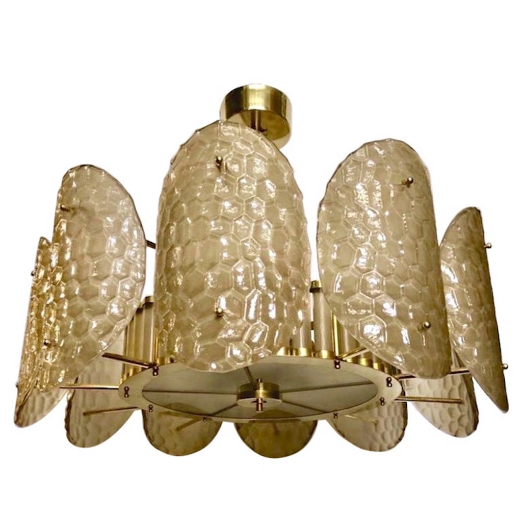 Bespoke Italian Crystal Smoked Beige Murano Glass Brass Chandelier / Flushmount