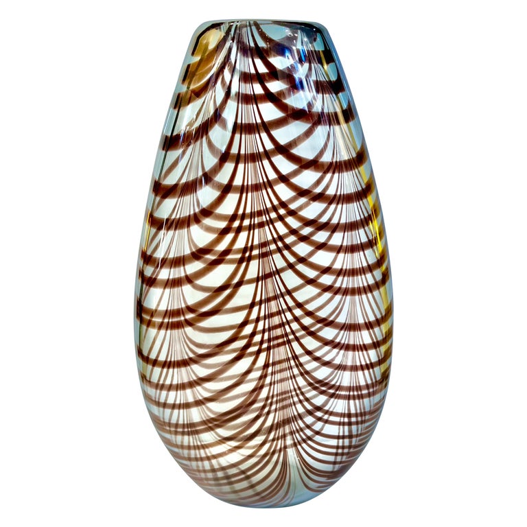Formia 1970s Feather Decorated Purple Brown Crystal Murano Art Glass Vase