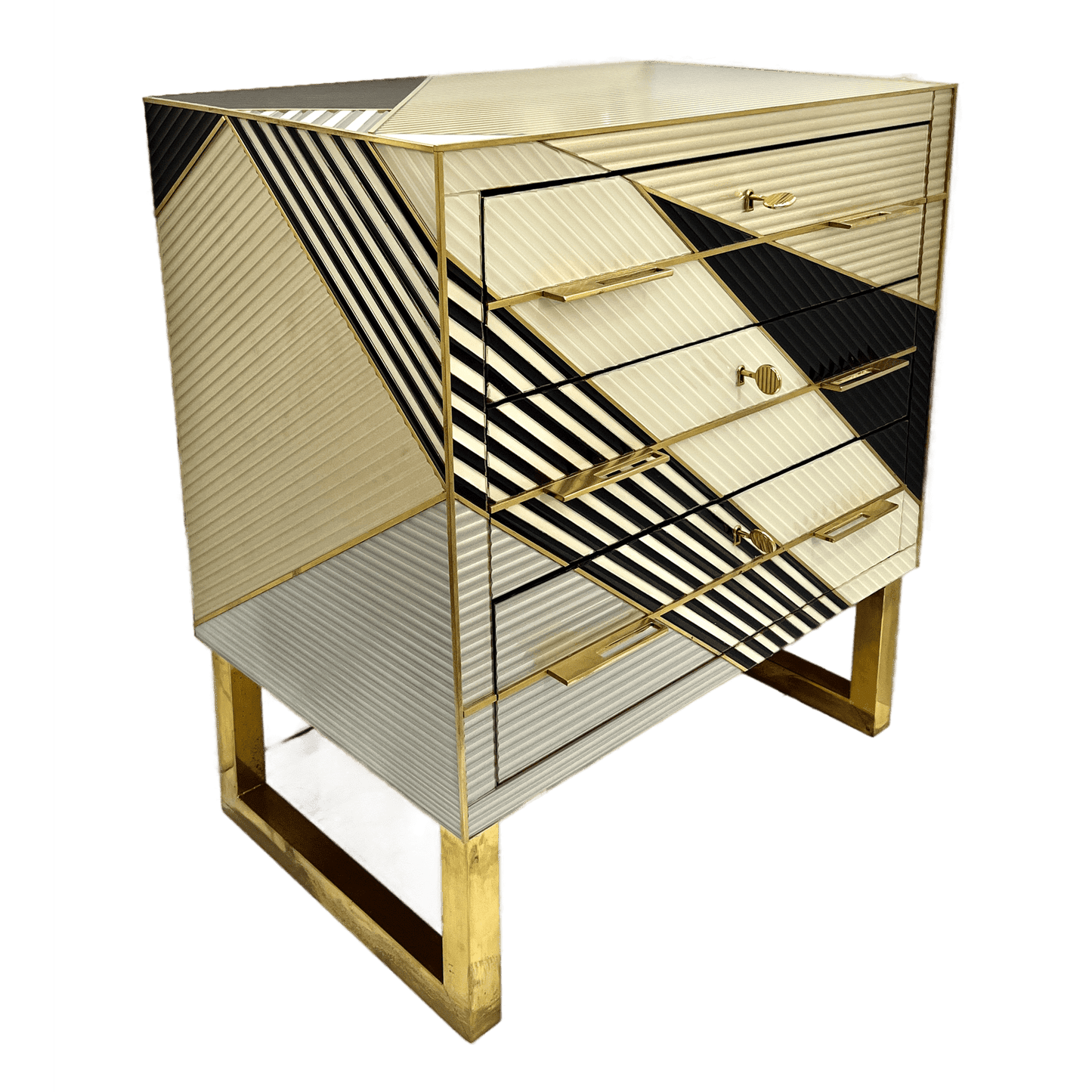 Italian Postmodern Navy Blue Cream Gold Gray Chest/Nightstand on Square Brass Legs
