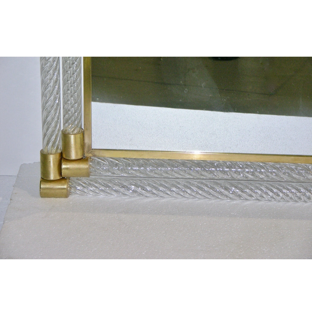 Italian Double Frame Twisted Crystal Murano Glass Mirror with Gold Brass Accents