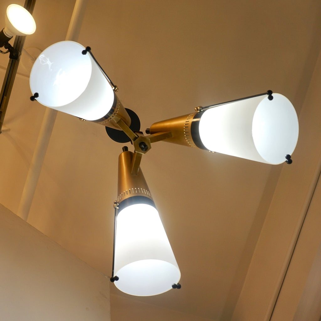 Torlasco 1950s Italian Vintage Brass Black White Three-Light Cone Chandelier