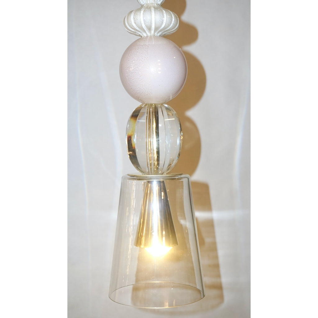 Contemporary Italian Crystal Pink & Gold Cream White Murano Glass Pendant Light