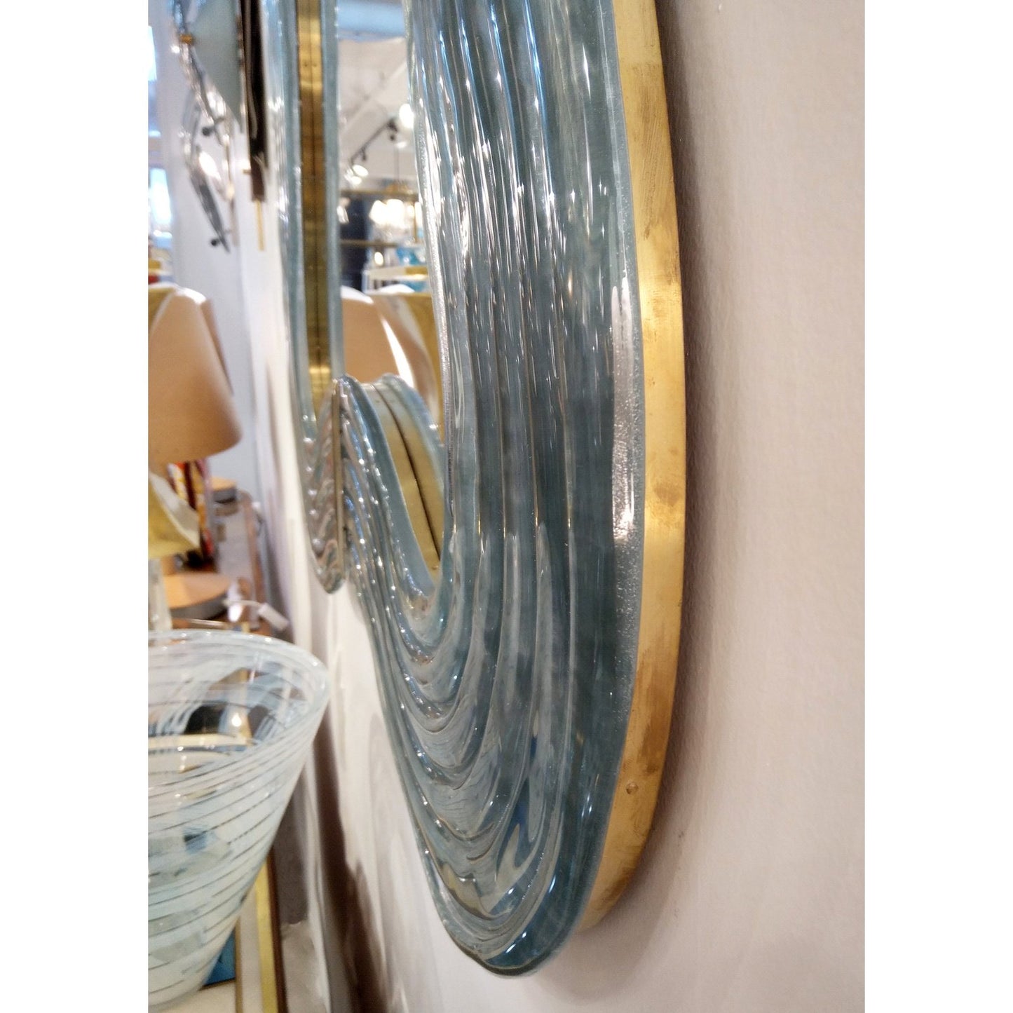 Contemporary Italian Pearl Gray Blue Murano Glass Curved Mirror & Brass Accents