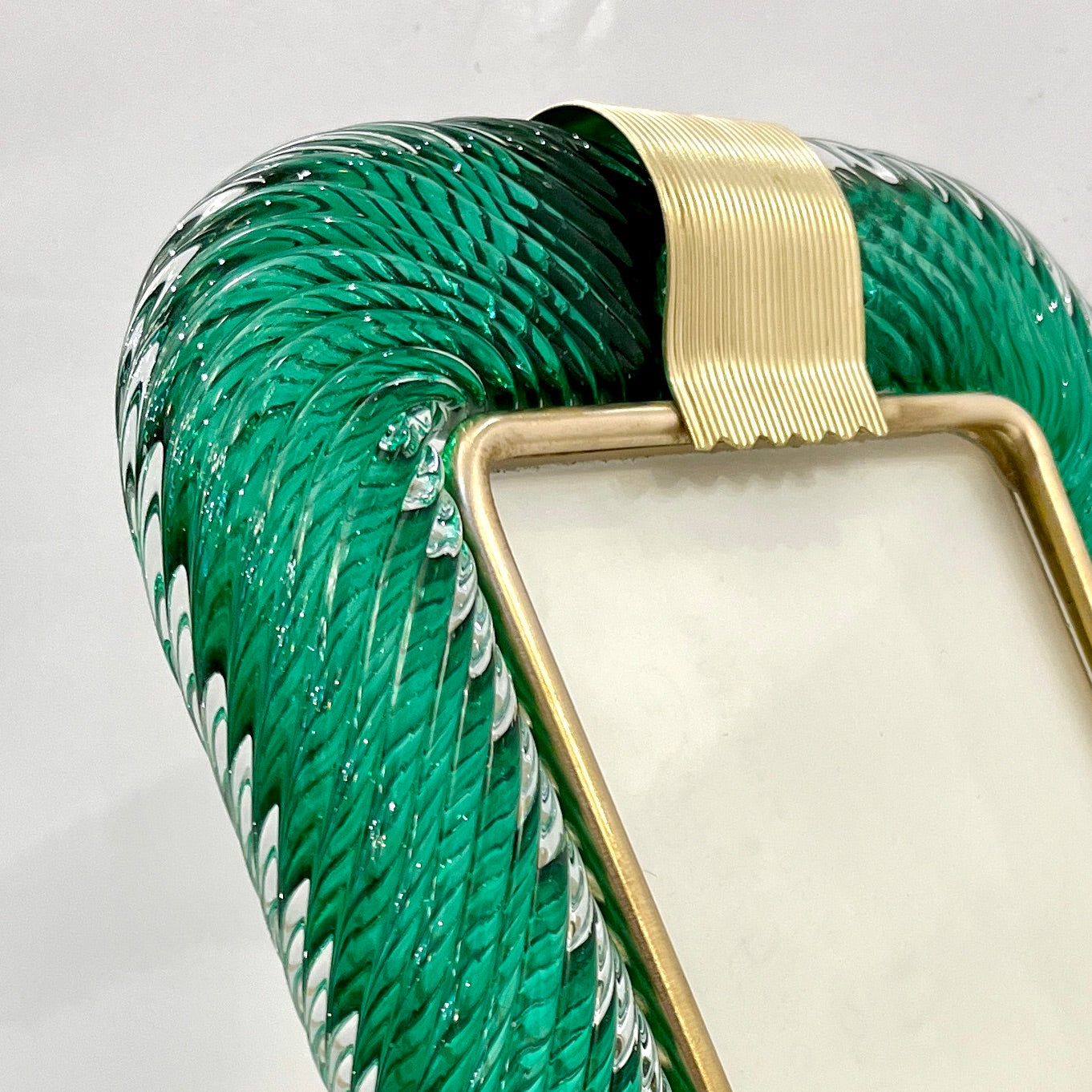 2000s Barovier Toso Italian Dark Hunter Green Murano Glass Brass Picture Frame