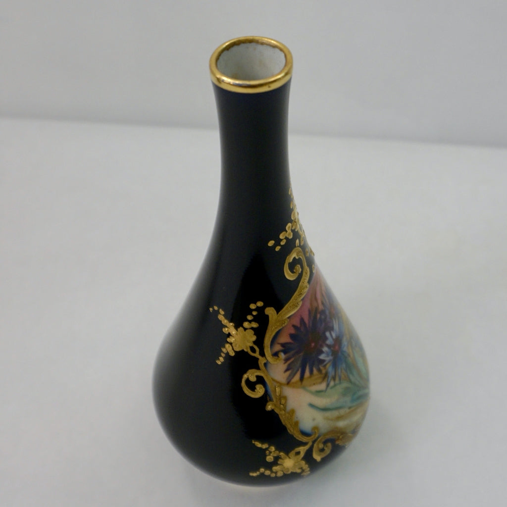 Limoges Porcelain 1930s Vintage French Pair of Cobalt Blue One Flower Vases