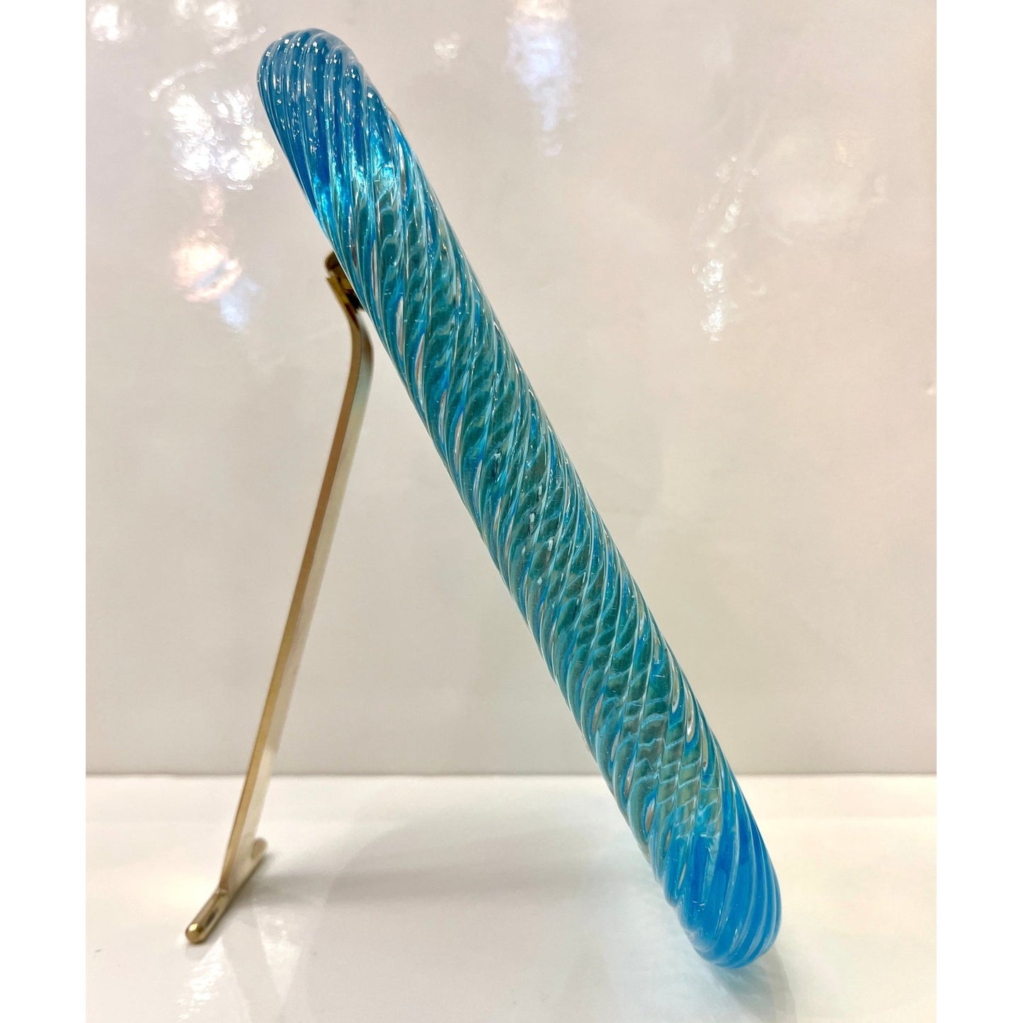 2000s Italian Vintage Aquamarine Blue Twisted Murano Glass & Brass Picture Frame