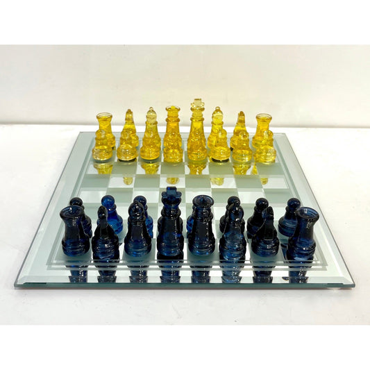 Contemporary Minimalist Blue & Yellow Murano Glass Chess Set on Mirrored Board