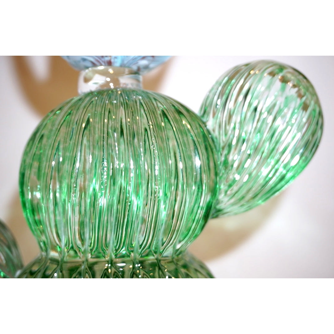 1990s Marta Marzotto Vintage Murano Glass Green Cactus Plant & Blue Coral Flower
